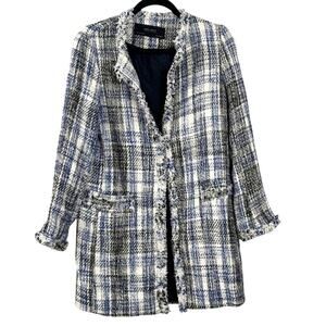 Zara Tweed Fringe Trim Longline Blazer Jacket White Blue Plaid Size S